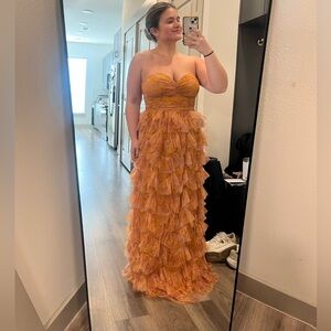 Mustard yellow strapless tulle maxi dress